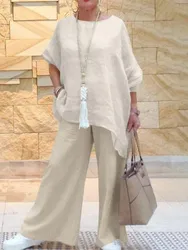 2025 Summer Fashion Cotton Linen Women's Set Large Irregular Linen Shirt High Waist Loose Wide Leg Pants Elegant Two Piece Set