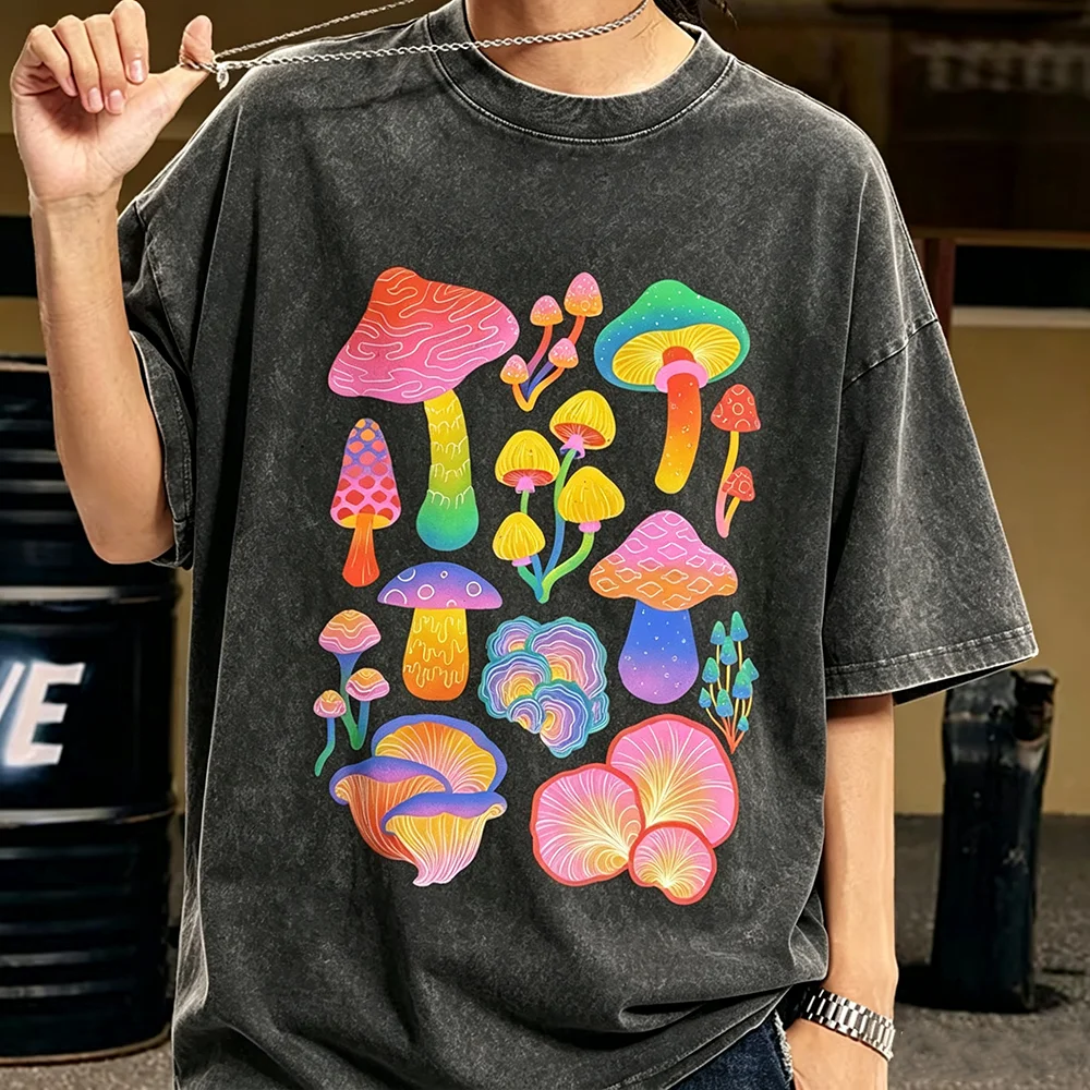 Colorful Mushroom Graphic T-Shirt Vintage Acid Wash Oversized Tee Retro Cottagecore Hippie Style Women Casual Short Sleeve Tops