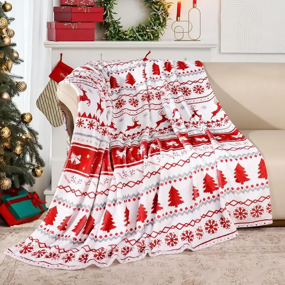 Christmas Holiday Throw Blanket Soft Flannel Santa Xmas Tree Snowman Print Warm Blanket for Bedroom Sofa Travel Christmas Decora
