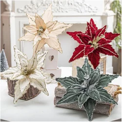26CM Christmas Flower Red Gold Glitter Fleece Simulation Fake Flower Xmas Tree Pendants Merry Christmas Flower Hanging Ornaments