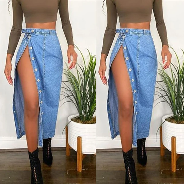 Casual Mid-Length Denim Skirt High Waist A-Line Skirt with Slit for Women Commute Pure Color Long Skirt with Button Detail