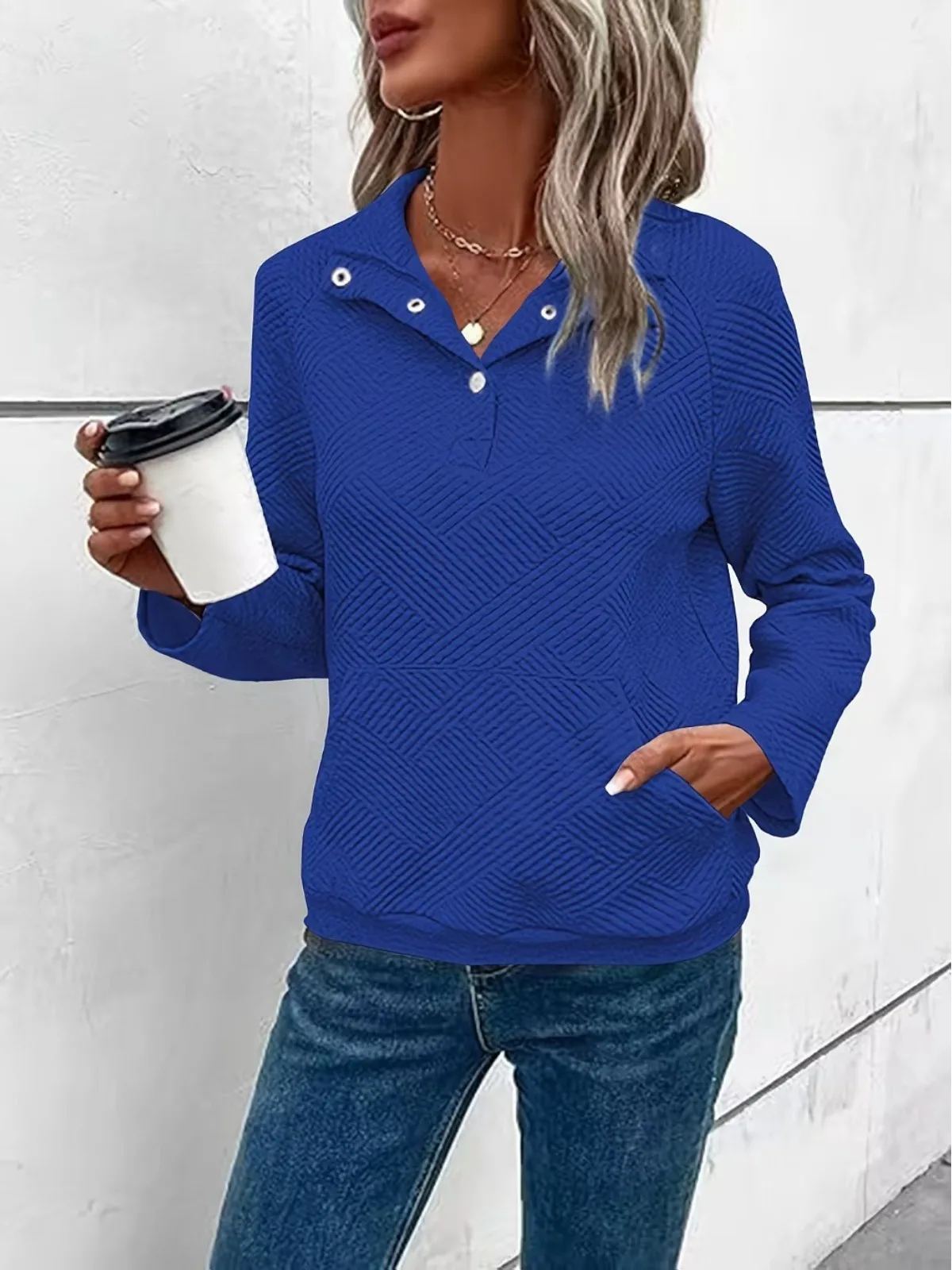 Neues Sweatshirt mit aufgesetzter Tasche, Knopfleiste und Revers, lässiges, lockeres Sweatshirt mit Rag-Shoulder-Langarm