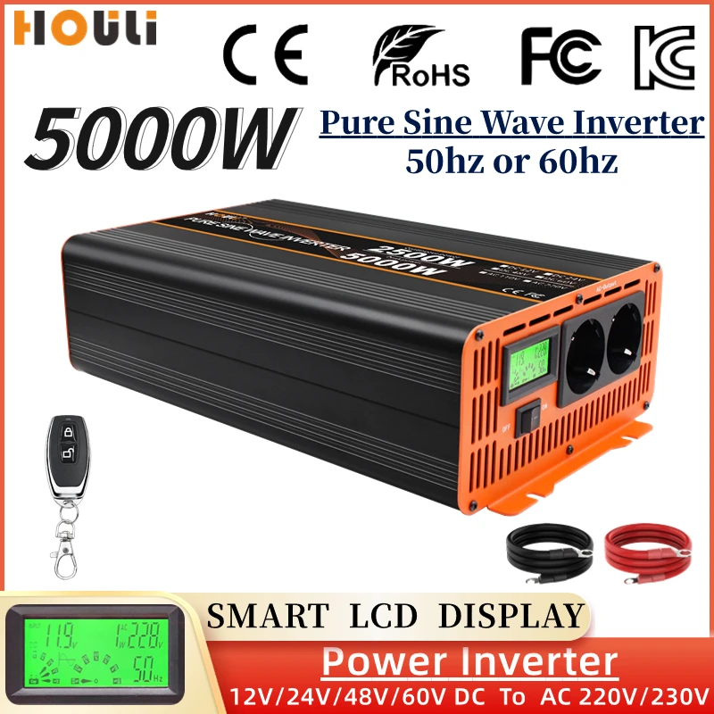 Pure Sinus Wave Inverter 3000W 4000W 5000W Power Converter 12V 24V 48V DC To AC 220V 230V Solar Voltage Transformer LCD Display