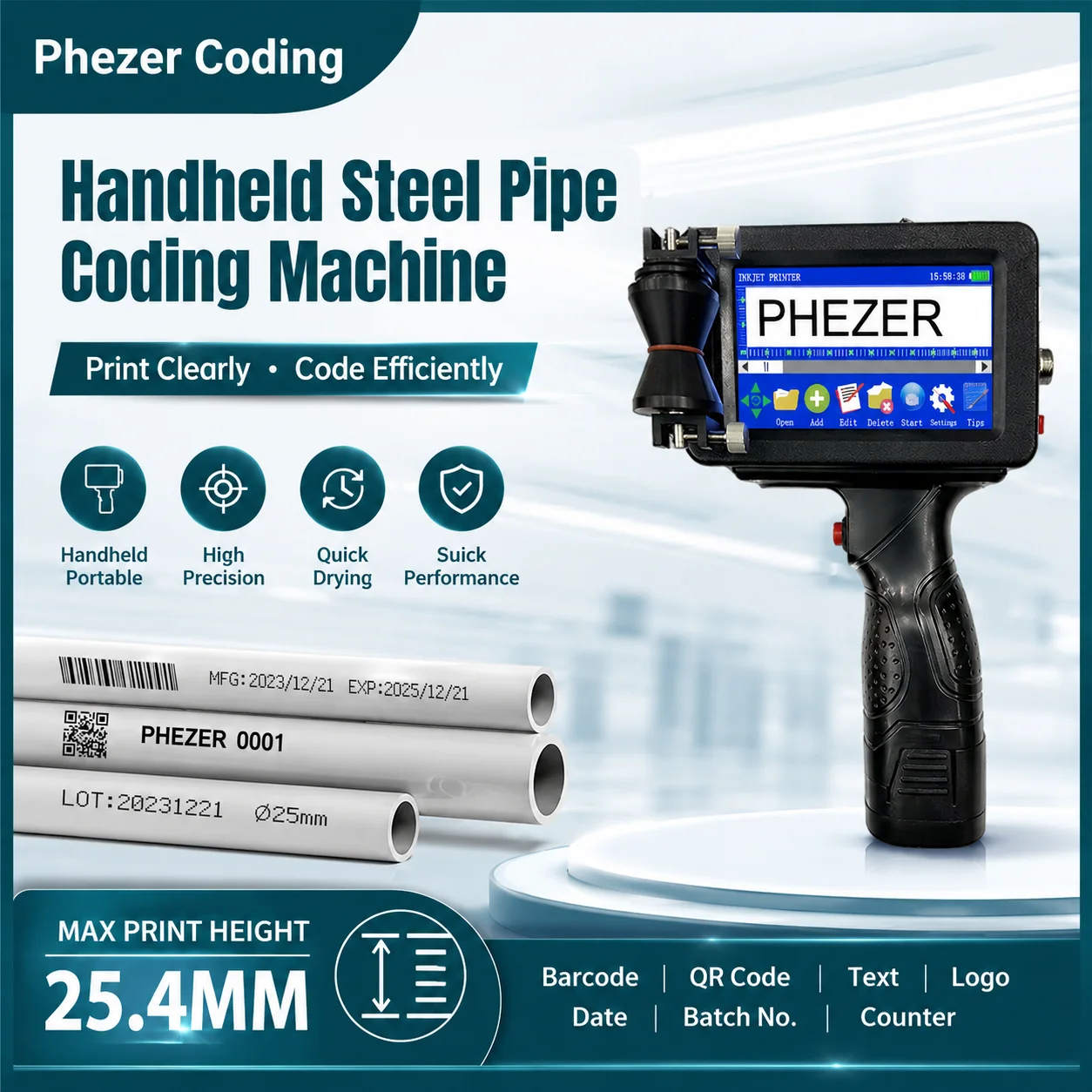 Phezer 12.7mm 25.4mm Handheld Inkjet Printer Portable Batch QR Code Date Expiry Logo Coding Machine Cable Cylinder Metal Pipe