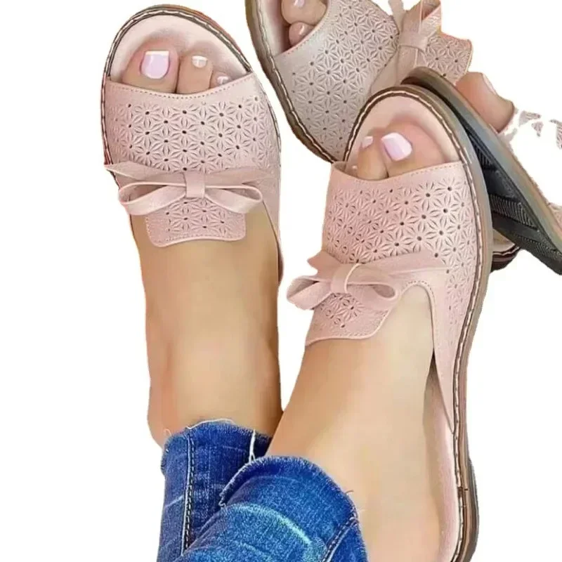 Zapatillas romanas de playa con lazo para mujer, zapatos cómodos de Punta abierta, talla grande 43, 2024