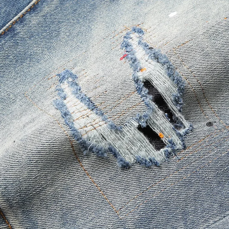 Summer Trends Fashion Designer Men Jeans Vintage Patched Elastic Ripped Short Jeans Retro Blue Painted Hip Hop Denim Shorts Men