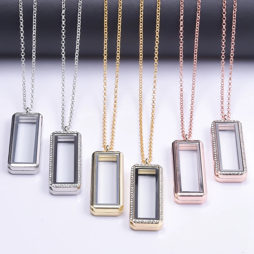 

10Pcs/Lot Upright Plain Rectangle Glass Floating Memory Locket Pendant Necklaces Diy Living Picture Relicario Collares Jewelry