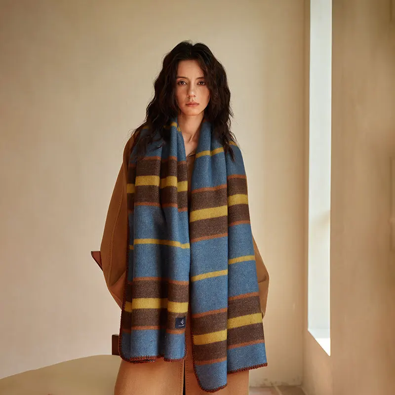 

Retro Navy Blue Striped Color-blocking Soft Scarf Winter Imitation Cashmere Double Edge Scarf Shawl for Men and Women Couples