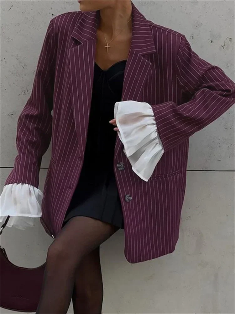 

Lace Striped Suit Outwear For Women Patchwork Long Sleeve Lapel Fashion Commute Pocket Coat Ruffled Female Loose Blazer