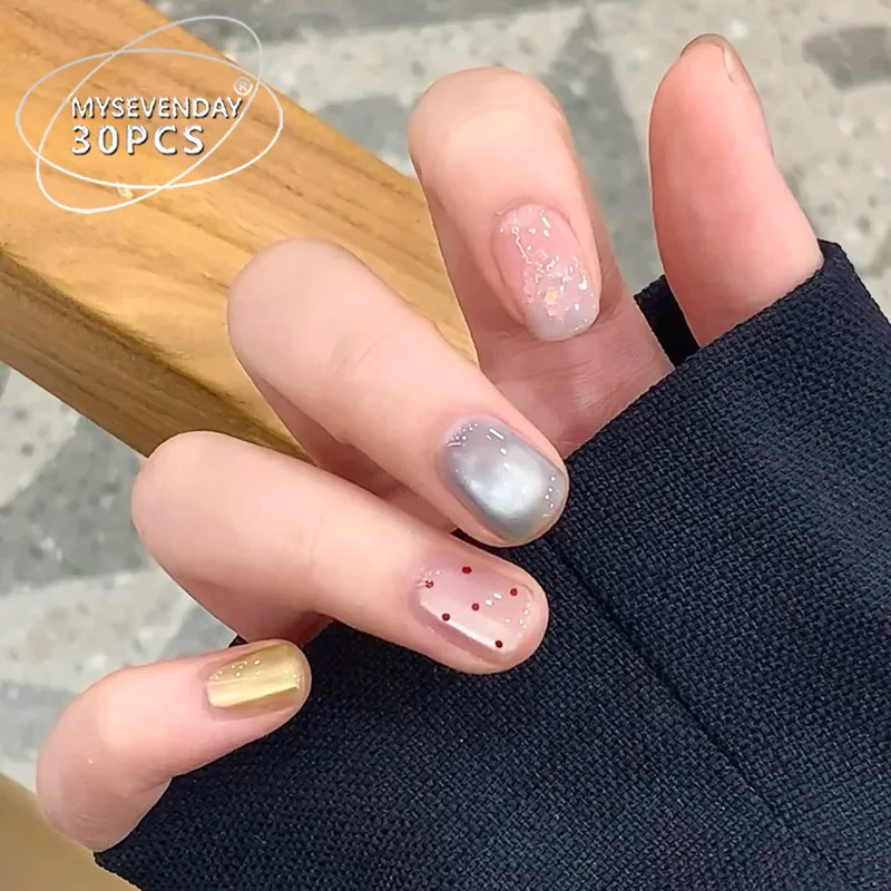 

24 шт., накладные ногти «кошачий глаз», звезда в горошек, полное покрытие, типсы для ногтей для женщин и девочек, короткие овальные съемные носимые накладные ногти