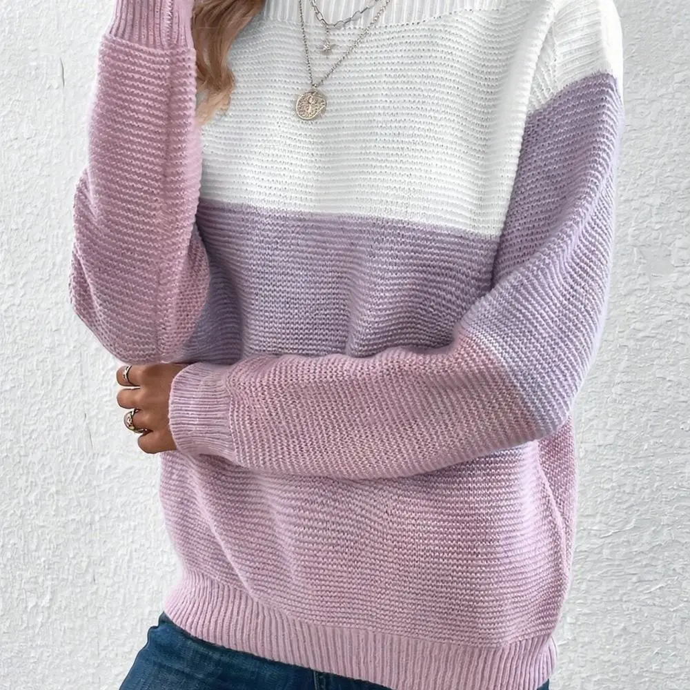 Womens Loose Pullover Sweater Autumn Winter Knitted Long Sleeve Crew Neck Colorblock Soft Casual Daily Comfortable Top