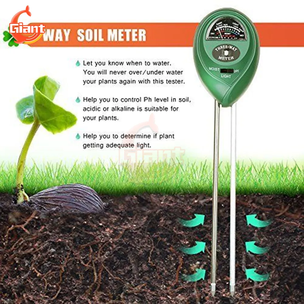 3 in1 Soil Moisture Meter Moisture Sunlight PH Meter Moist Sensor Tester Soil Water Acidity Humidity Light PH Test Analyzer Tool