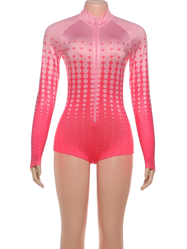 Nibber إلكتروني طباعة Playsuits امرأة مثير التدرج تصميم الخريف نمط البريدي سترة كم كامل نحيل تمتد الكلاسيكية السروال القصير