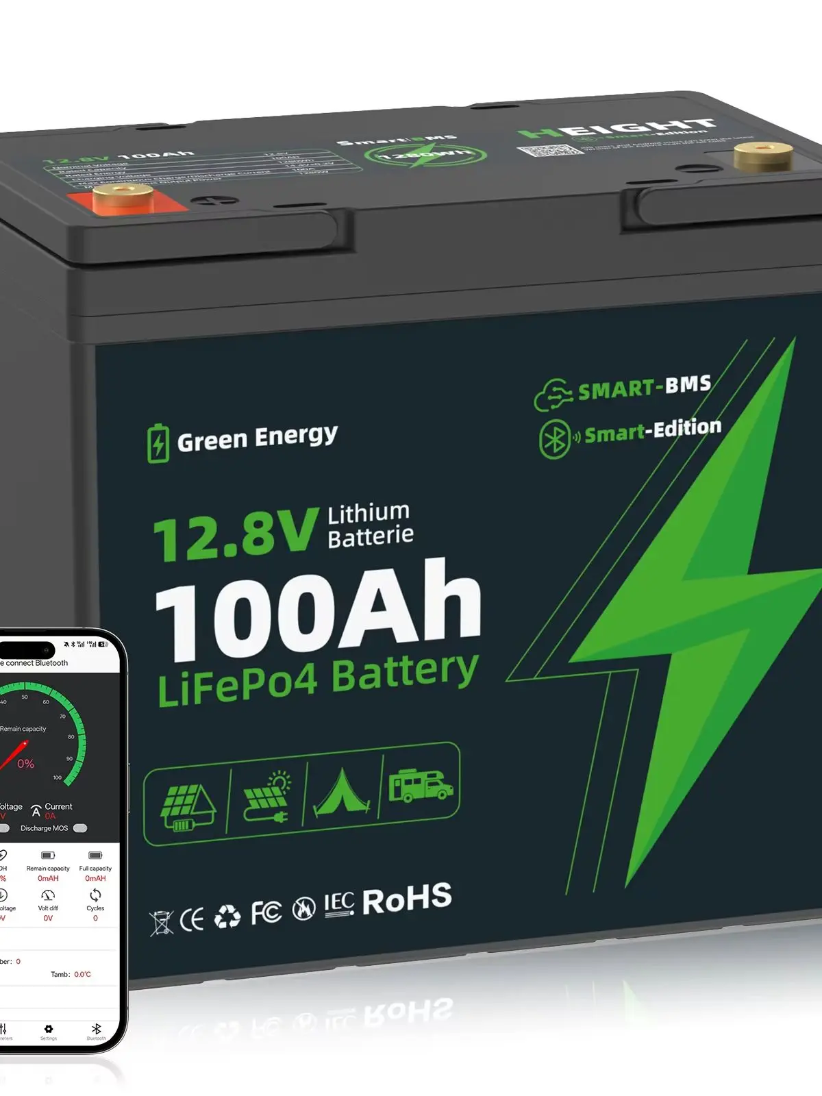 12V 50Ah/100Ah LiFePO4-Batterie mit Niedertemperatur-BMS-Schutz, 15000+ Zyklen für Wohnmobile/Solaranlagen/Camping