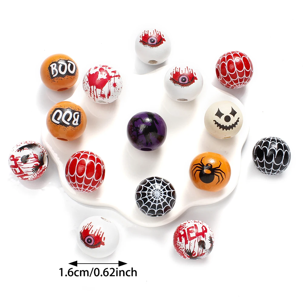 10pcs 16mm Wooden Spacer Beads Halloween Print Spider Eye Witch Bloodstain Ghost Face Mask Beads For Making Bracelet Necklace