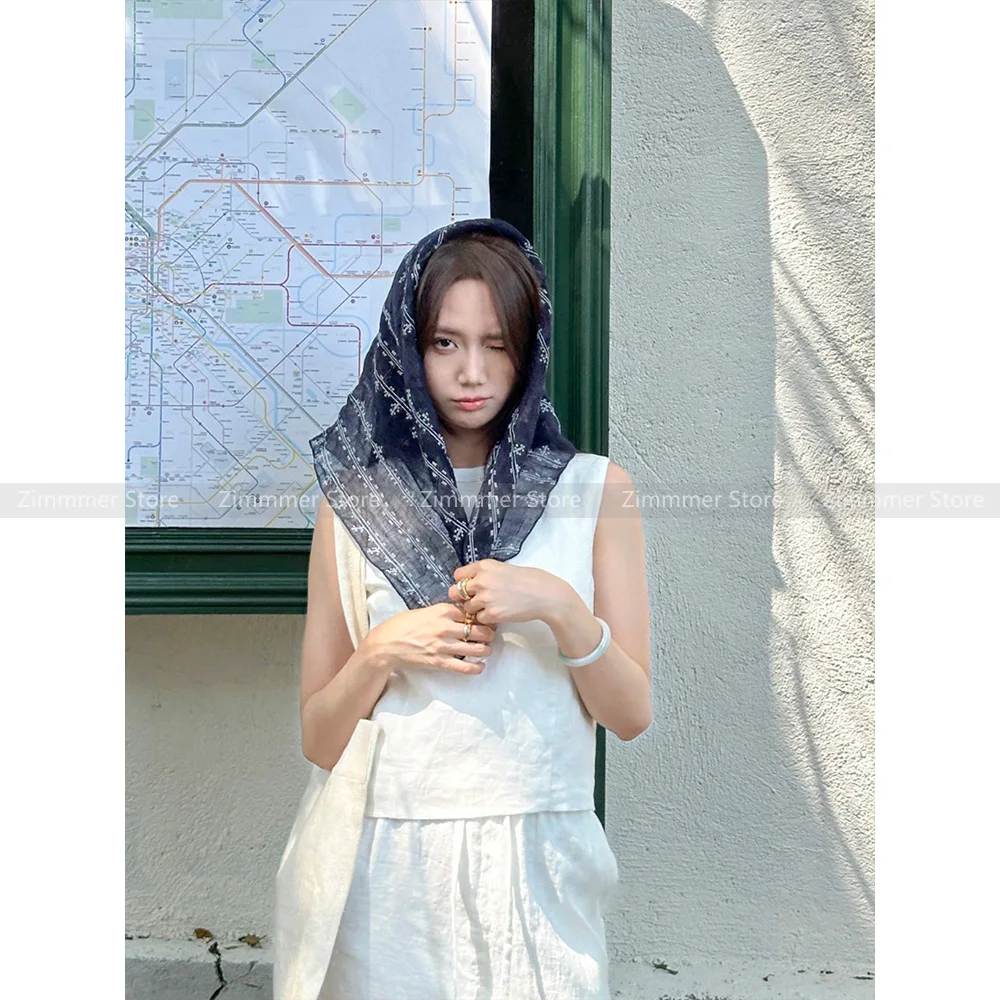 

Bohemian Japanese style simple linen light breathable small square scarf for women