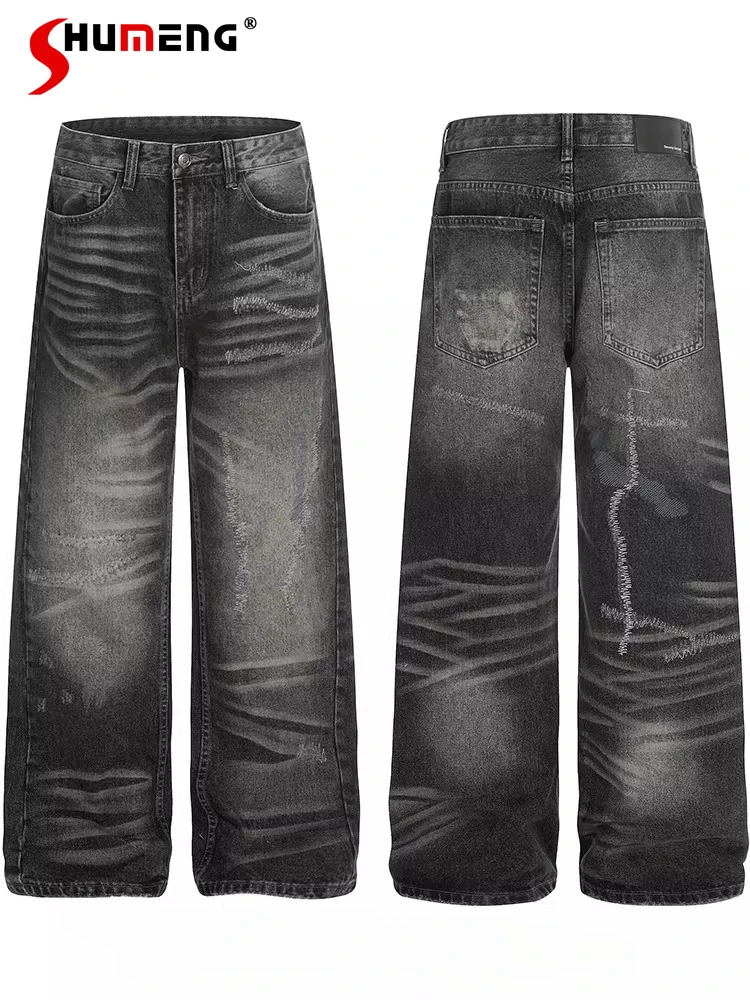 

Fashion Wide-leg Jeans Men's Women's 2026 Spring New Loose Straight Denim Pants Trendy Pocket Decoration High-end Denim Trousers