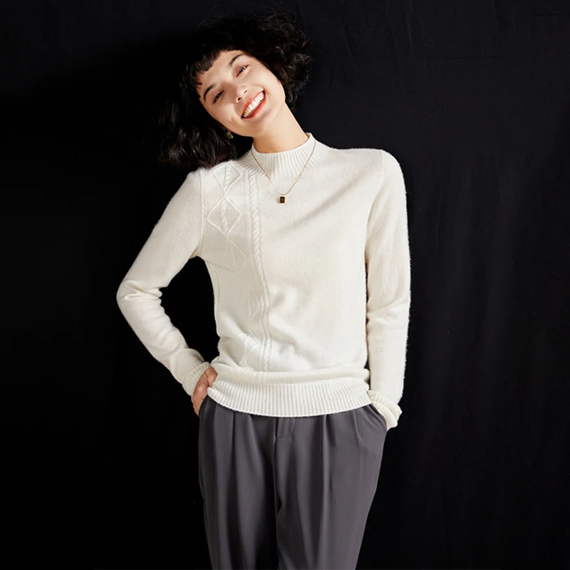 MEELEX Women Half High Neck Pullover Shirt Autumn Winter 100% Pure Cashmere Sweater Woman Casual Knit Tops Twist Flower Blouse