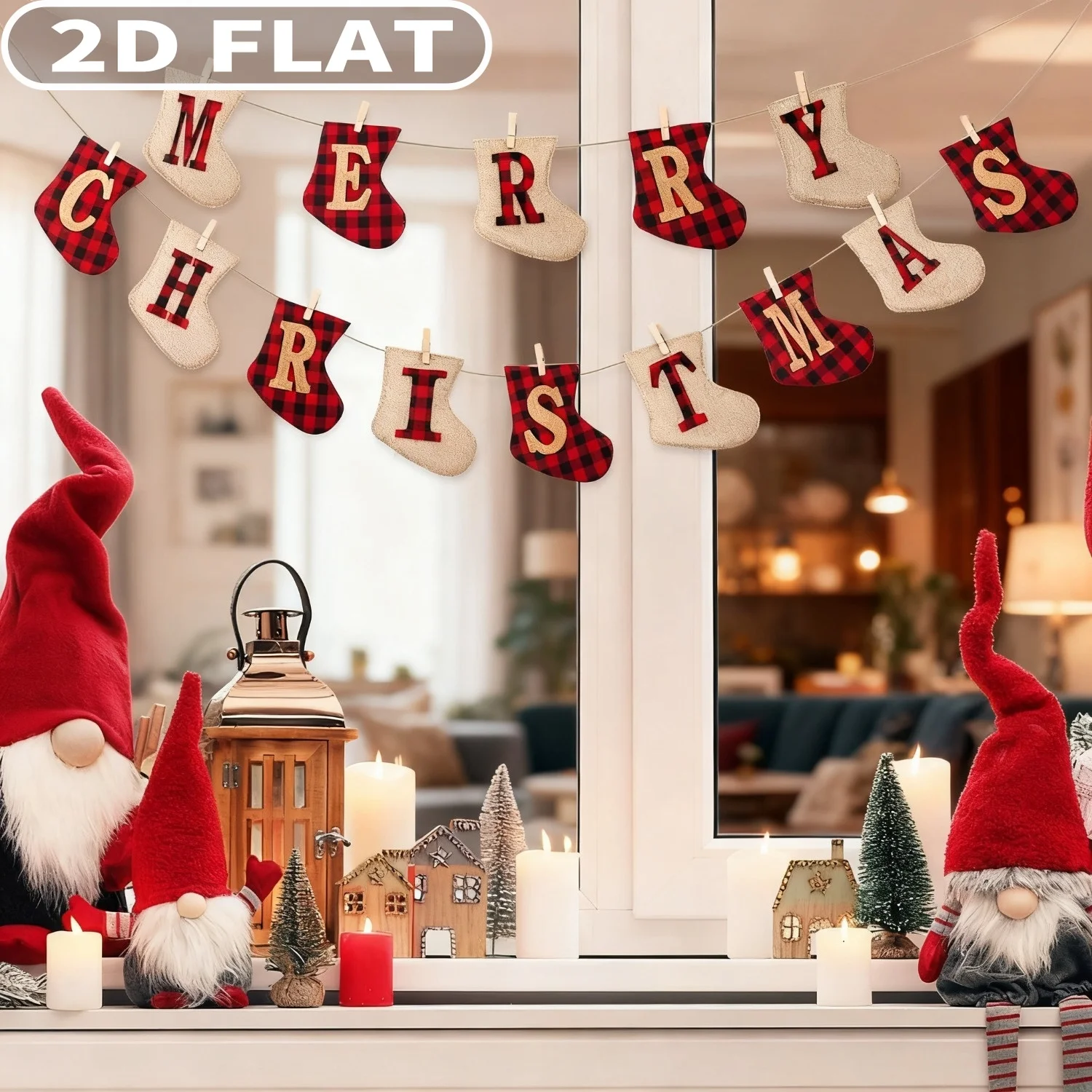 

14pcs Merry Christmas Banner-Sock Shaped, Durable Polyester Rustic Holidays Decorations for Mantle Fireplace, Reusable Decor