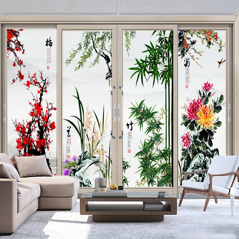 Chinese Ink Style Window Film Plum Blossom Orchid Bamboo Chrysanthemum Culture Privacy Window Film Static Cling Glass Sticker