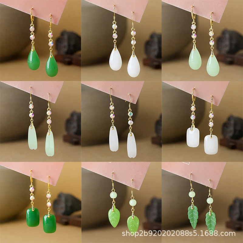 

Винтажные серьги-капли из нефрита Хотан, женские модные серьги-подвески с зелеными кристаллами, вечерние украшения