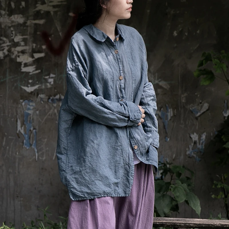 

Women Long Sleeve Cotton Linen Shirt New Arrival 2025 Spring Vintage Style Plain Color Loose Female Casual Tops Shirts M682
