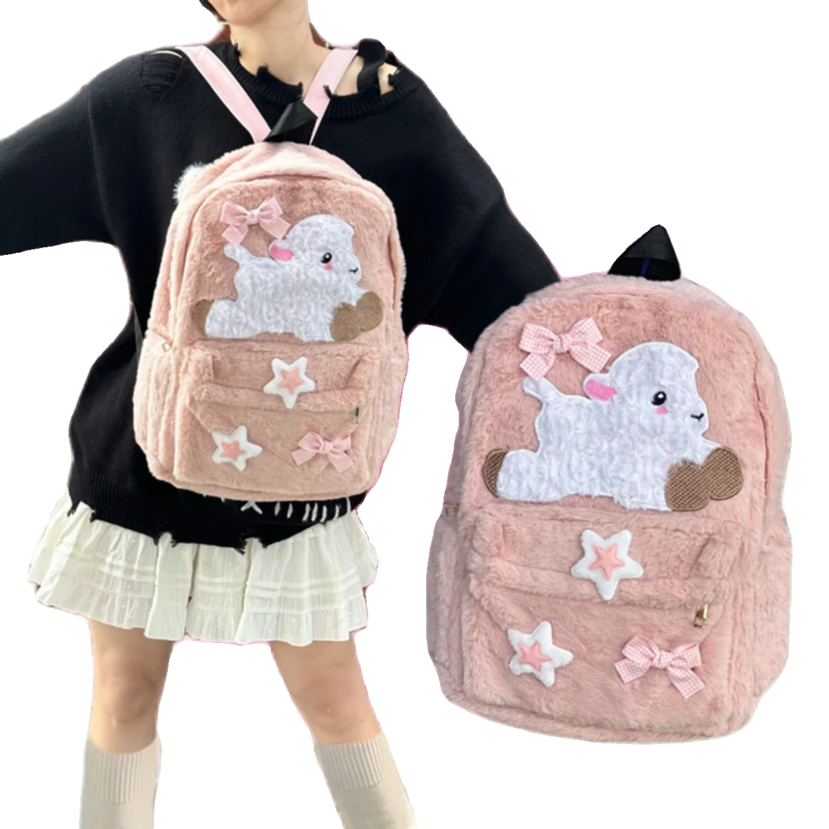 Mochila fofa rosa com arco para menina quente, bolsa de escola de ovelhas fofa, grande capacidade, mochilas estrela, moda coreana, outono, inverno, Y2k