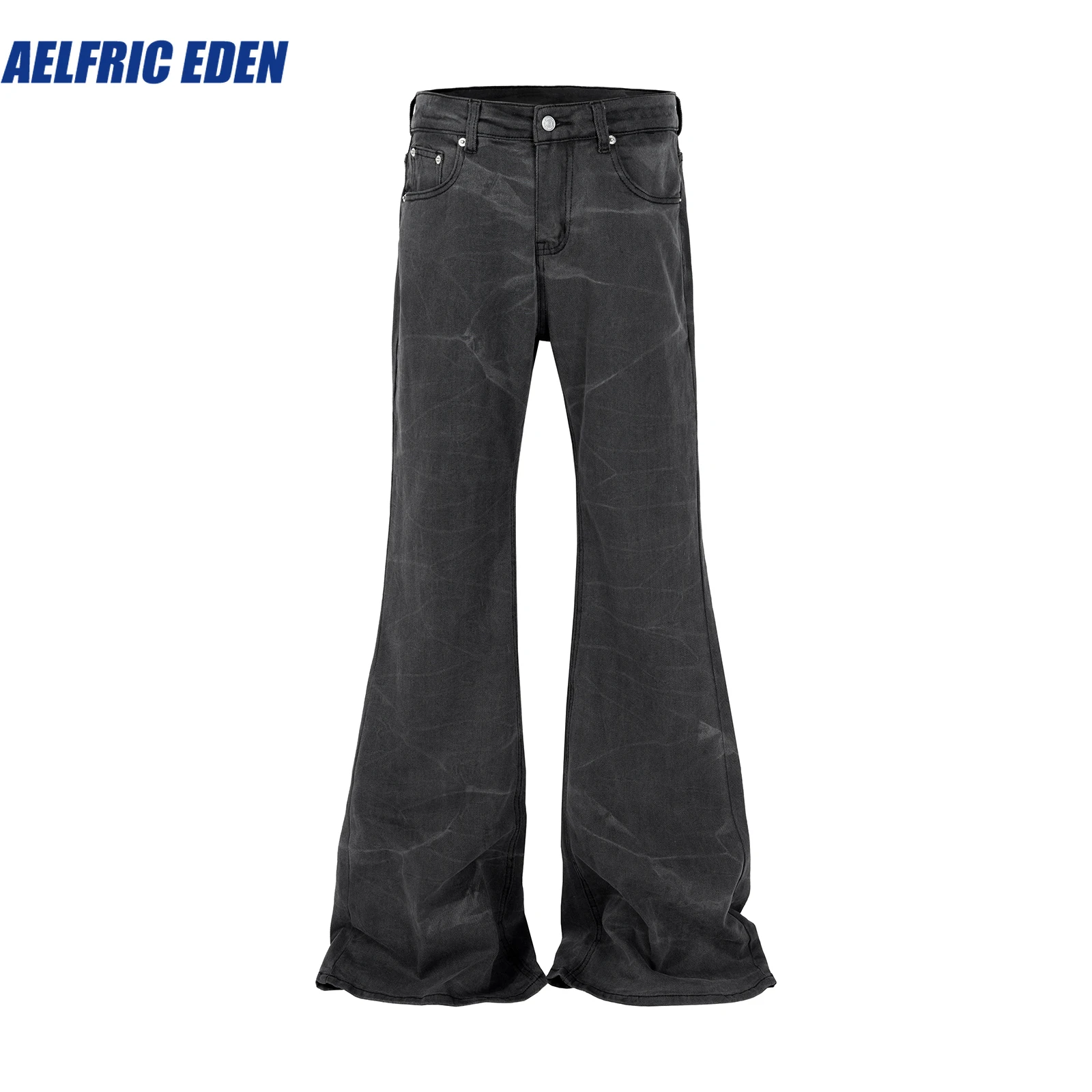 Aelfric Eden Streetwear Washed Water Wave Patterned Micro Flared Jean Men Straight Pantalones Hombre Casual Baggy Denim Trousers