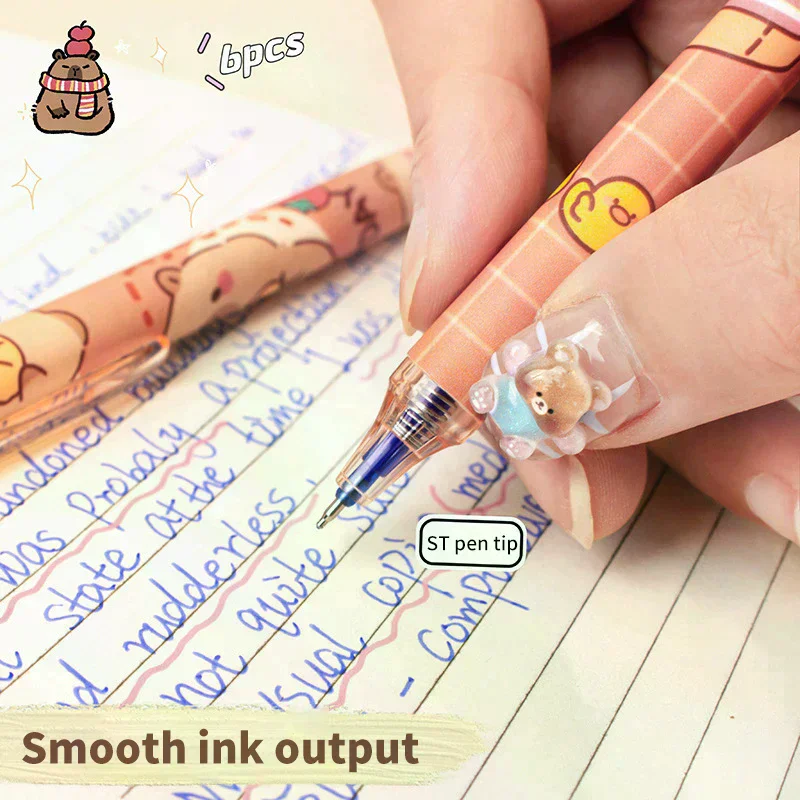 

6Pcs Kawaii Capybara Gel Pen Set Black Blue Ink Quickly-Drying Cute Press Gel Pens Aesthetic Stationery School Office Supplies