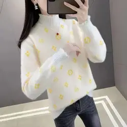 Autumn Winter Women's Clothing Half High Collar Pullover Long Sleeve Sweater Knitted Flower Geometric Crochet Elegant Tops