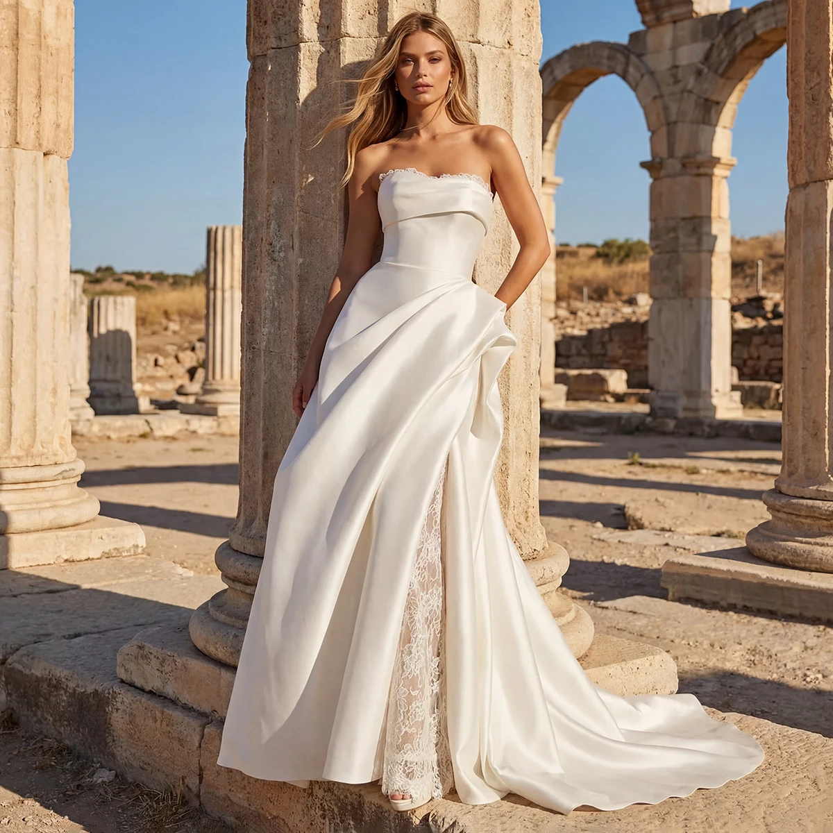 

Beach Satin Strapless Wedding Dresses For Women Vestidos novia Pleated Ball Gown For Bride Long Lace Bridal Party Gown