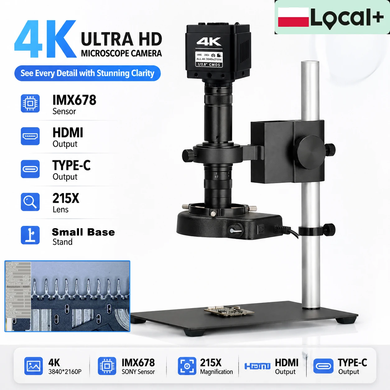 YIZHAN UHD 4K Elektronisches Videomikroskop 1/1.8'' Sensor HDMI USB 1080P 60FPS/30FPS Kamera 215X Verstellbares Objektiv mit Ringlicht, kleinem Standfuß, Fernbedienung, Freeze-/Vergleichsfunktion,