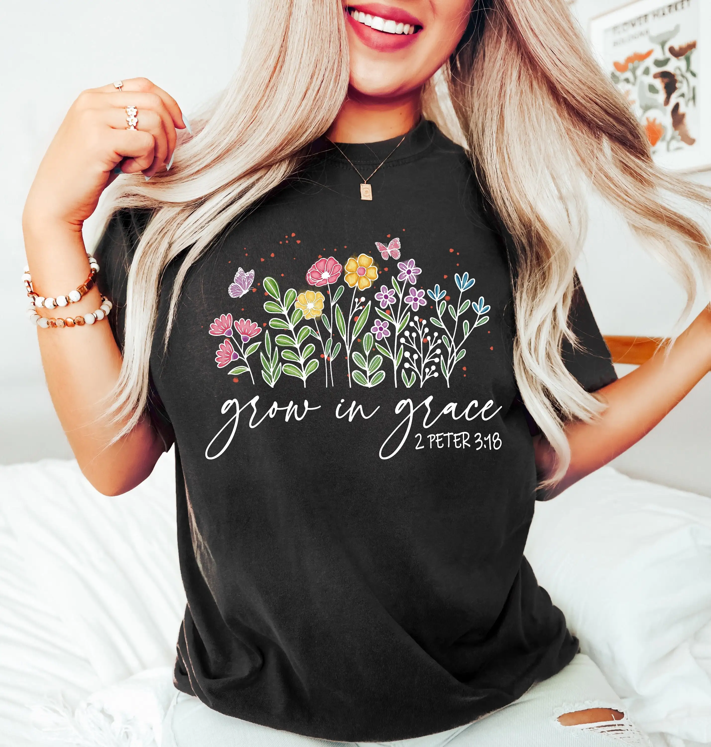 Christian T Shirt Grow In Grace with Wildflowers Religious Bible Verse