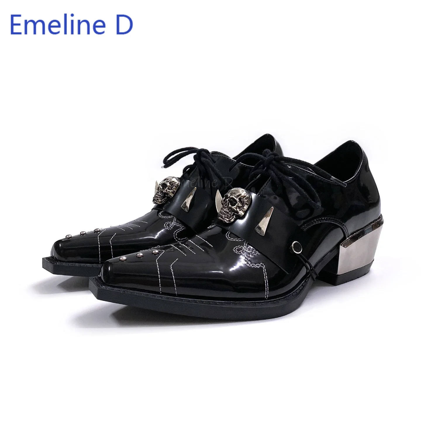 Men Leather Pointed Toe Dress Shoes Skull Metal Decor Block Heel Lace Up Gothic Rivet Embroidered Footwear Punk Party Shoes