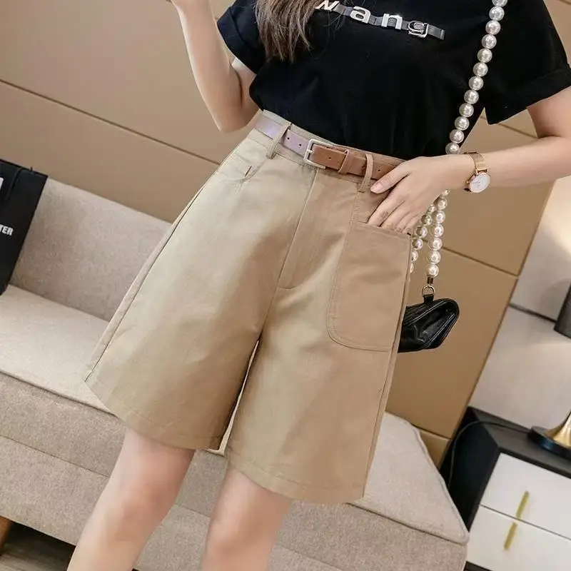Solid color shorts summer new women's high waisted casual loose simple versatile fashion wide legs cargo five quarter pants
