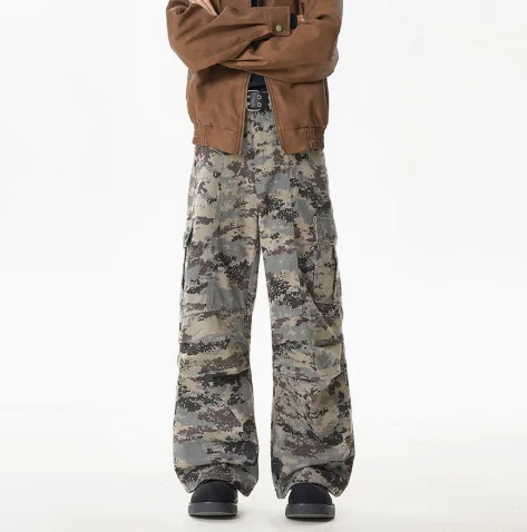 PopSummer American Camouflage Workwear Pants Loose Wide Leg Casual Trousers For Men And Women High Street Vintage Multi-Pocket