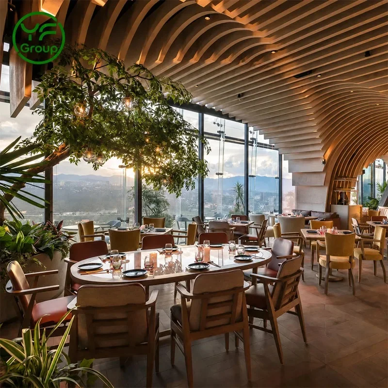 High End Custom Restaurant Furniture Booth Seating Set with Wood Tables Rattan Chairs for Cafe Hotel Lounge