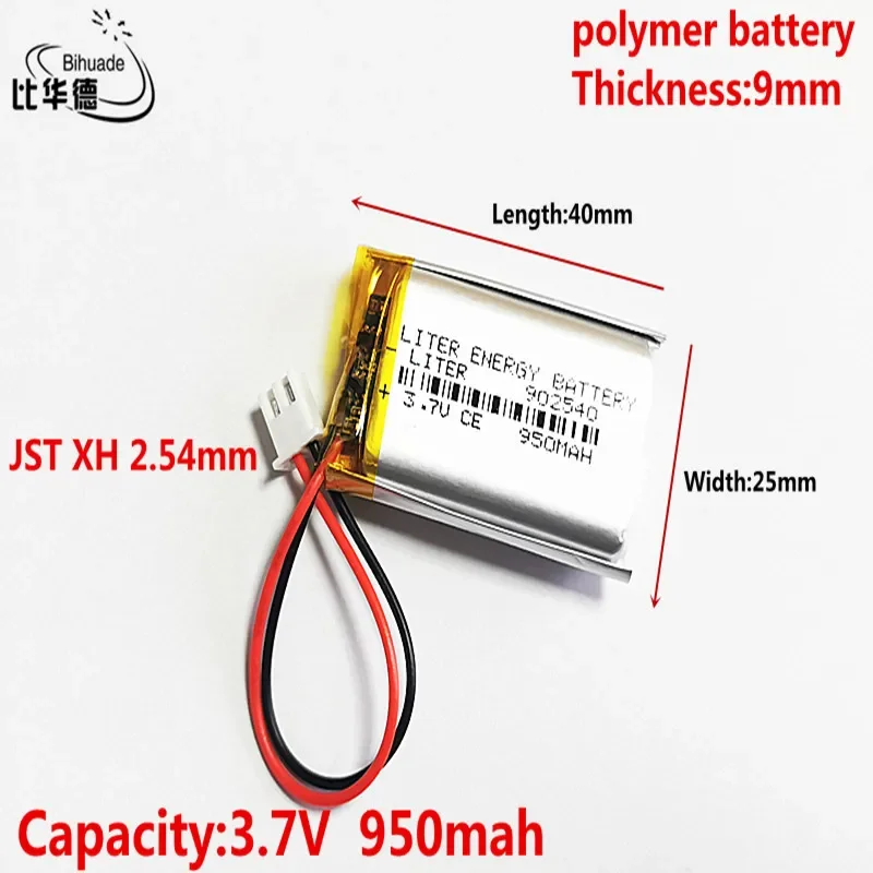 10pcs 3.7V 950MAH 902540 JST XH 2.54mm  Lithium Polymer LiPo Rechargeable Battery For Mp3 headphone PAD DVD bluetooth camera