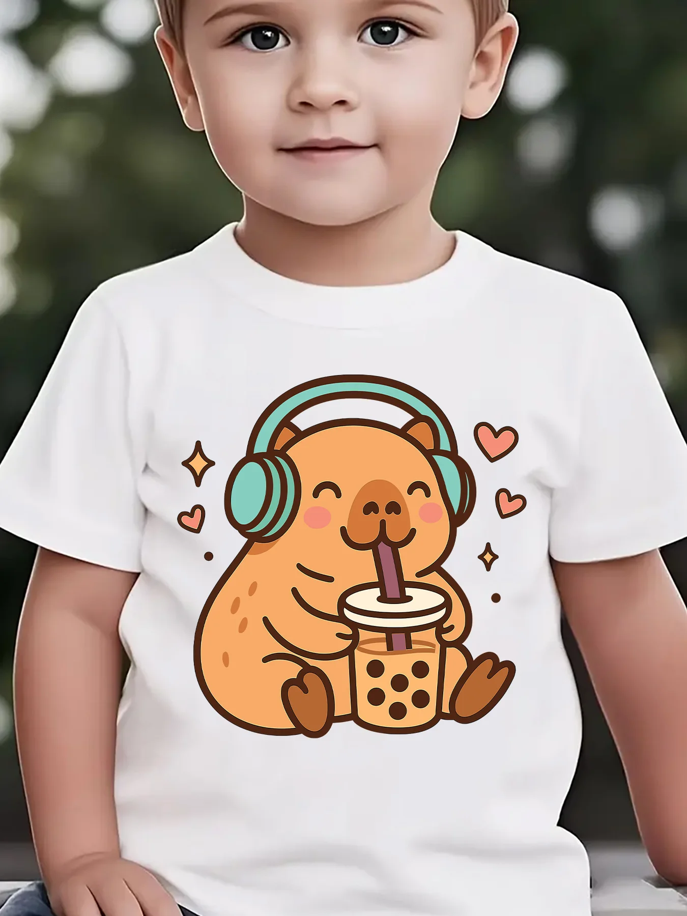 Cute Music Capybara Drinking Milk Tea T Shirt Boys Girls Family Matching Soft Cotton Short Sleeve Sweet Children Basic Daily Top