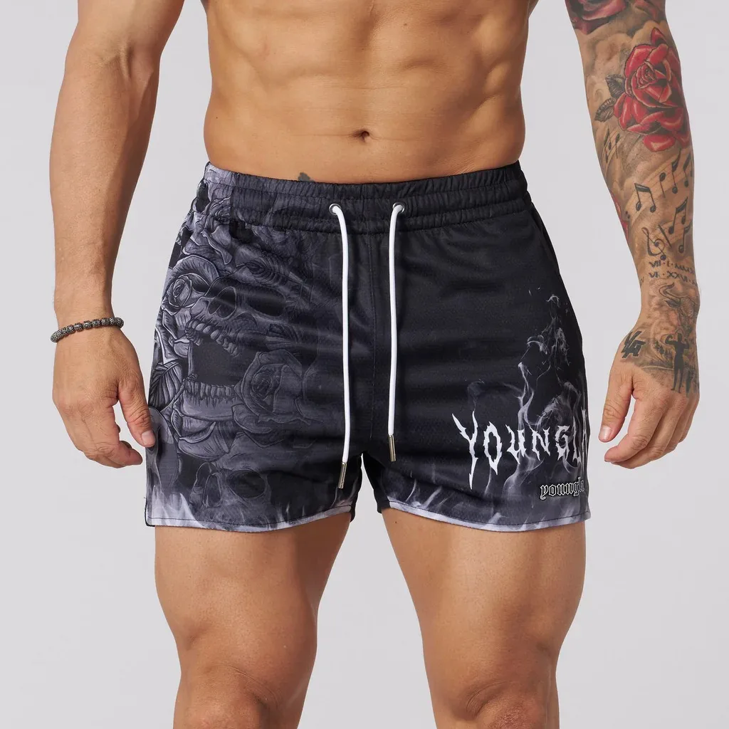 YOUNGLA-American Four-Point Sports Shorts de Fitness, Crânio 3D Impresso Malha, Secagem Rápida, Respirável, Correndo, Praia