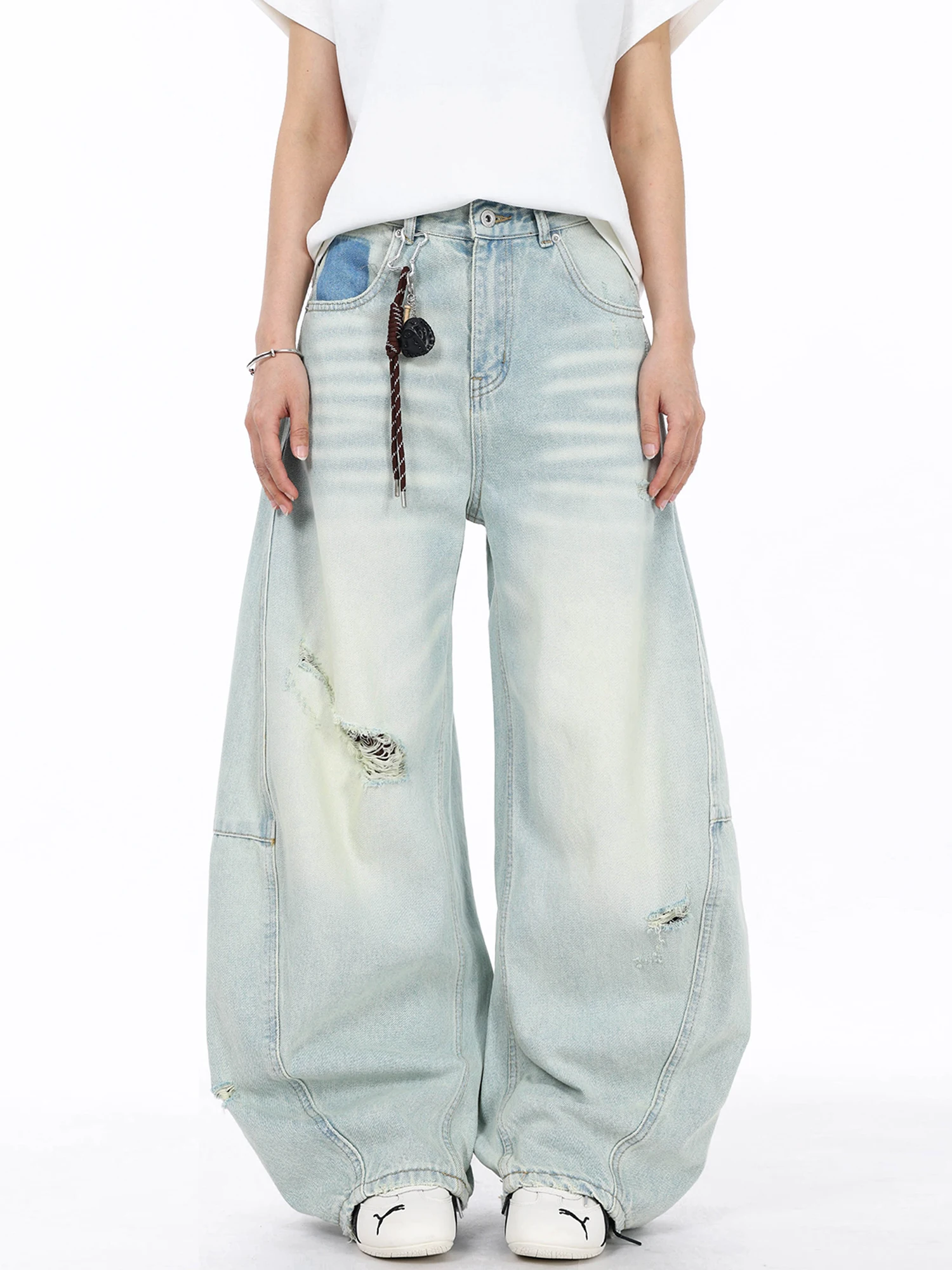 

Джинсы Filfr в американском стиле ретро с дырками для мужчин и женщин, светло-голубые выцветшие широкие брюки, повседневные джинсы свободного покроя