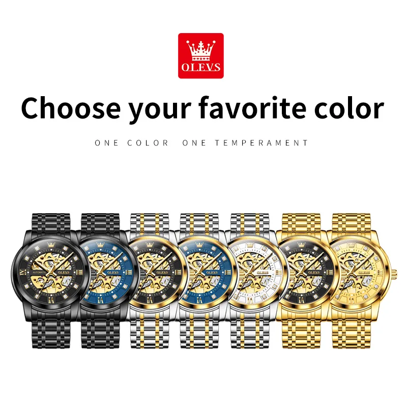 OLEVS 9901 Mens Watch Luxury Stainless Steel Skeleton Mechanical Watch Waterproof Luminous Watches For Man Gift High Quality