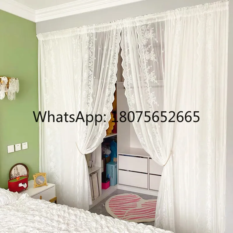 Bay window bedroom diamond-free french lace curtains - girly white transparent curtains