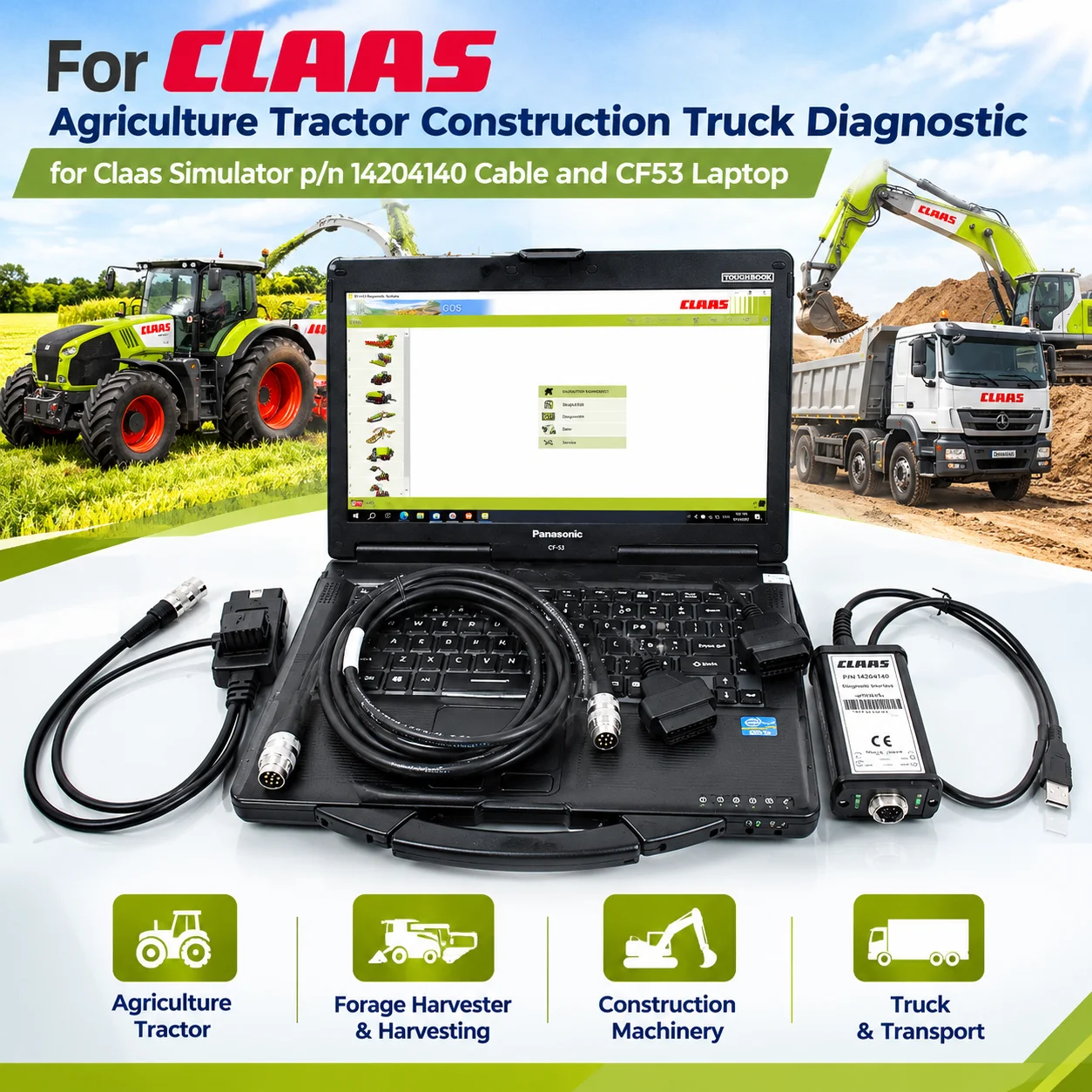 For CLAAS Diagnostic Tool Agriculture Tractor Harvester Construction Truck Simulator P/N 14204140 Cable CF53 Laptop