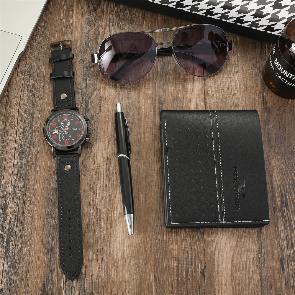 New 4pcs/set Mens Gift Box Set Quartz Watch Men Fashion Casual Leather Wallet Sunglasses Ballpoint Pen Birthday Gift Set for Men