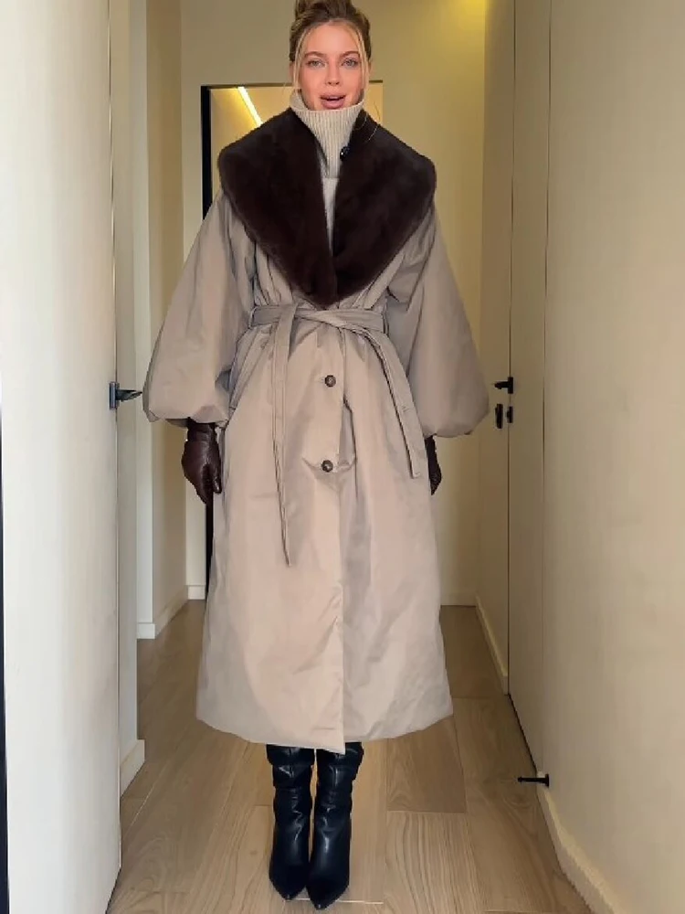 Fashion Faux Fur Collar Cotton Coat Women Single Breasted Belted Waist Lantern Sleeve Overcoat New Winter Warm Street Outerwear