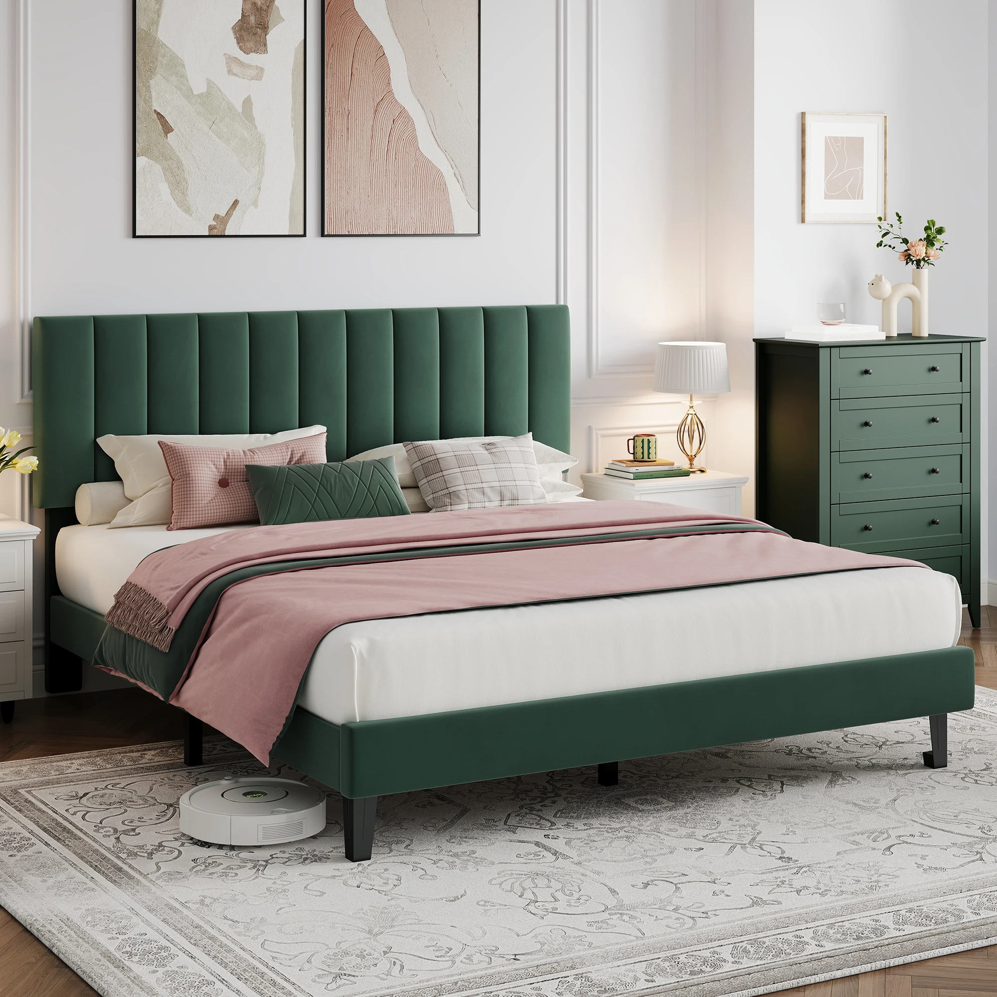 Modern Velvet Upholstered Platform Bed Frame - Full Size - Adjustable Tufted Headboard - Sturdy Wood Slats - No Box Spring Needed - Easy Assembly - Bedroom Furniture