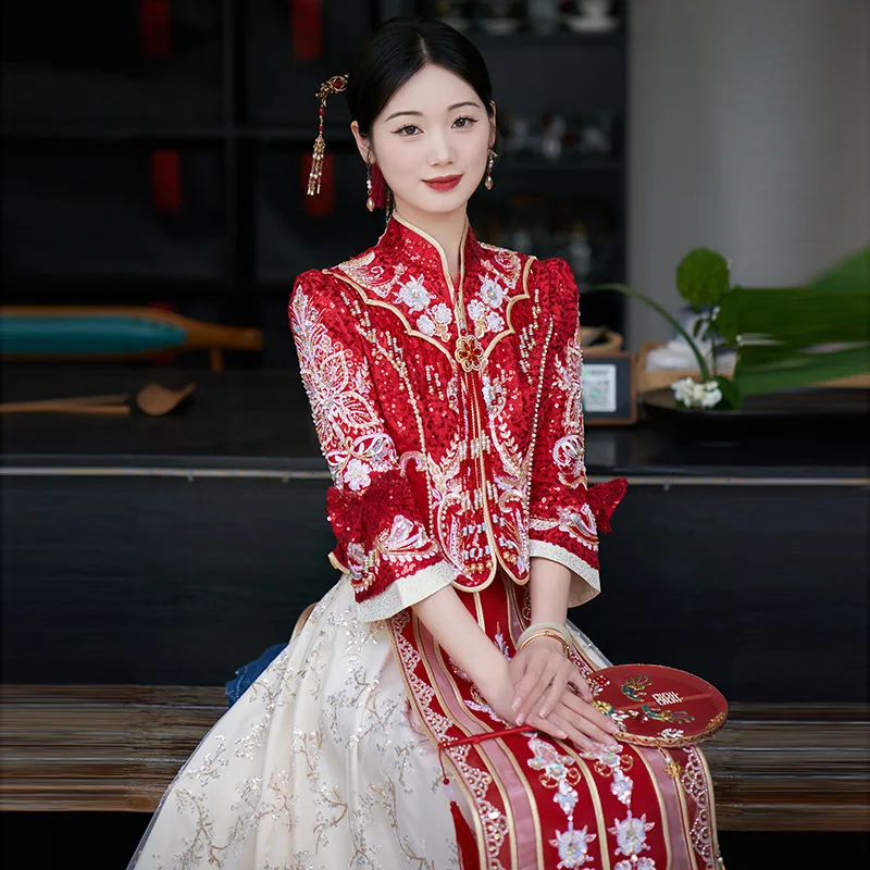 Xiuhe Bride's New Chinese Wedding Dress and Gown Female Wedding Dress Summer  Toast Wedding Dress