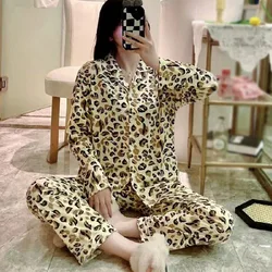 AutumnWomen Pajama Set Milk SilkLong Sleeves Trousers Leopard Spring Anime Sleepwear Pattern Nightwear