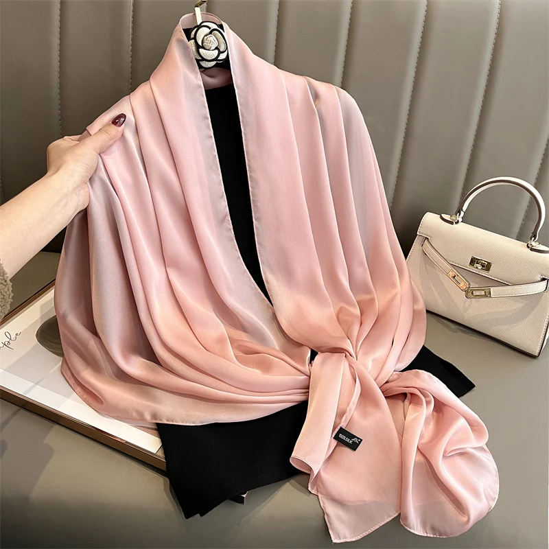 90*180cm Fashion Luxury Solid Color Silk Scarf Women Soft Smooth Scarves Head Wrap Hijab Outdoors Muffler Long Shawl Beach Towel